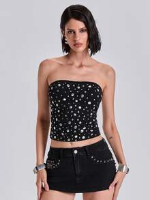ACID BLVD Spring/Summer All-Season Y2K Rock Style All-Over Print Metallic Foil Studded Tube Top - Black - View 8