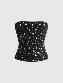 ACID BLVD Spring/Summer All-Season Y2K Rock Style All-Over Print Metallic Foil Studded Tube Top - Black - View 10