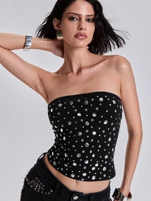ACID BLVD Spring/Summer All-Season Y2K Rock Style All-Over Print Metallic Foil Studded Tube Top - Black - View 1