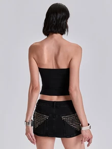 ACID BLVD Spring/Summer All-Season Y2K Rock Style All-Over Print Metallic Foil Studded Tube Top - Black - View 5