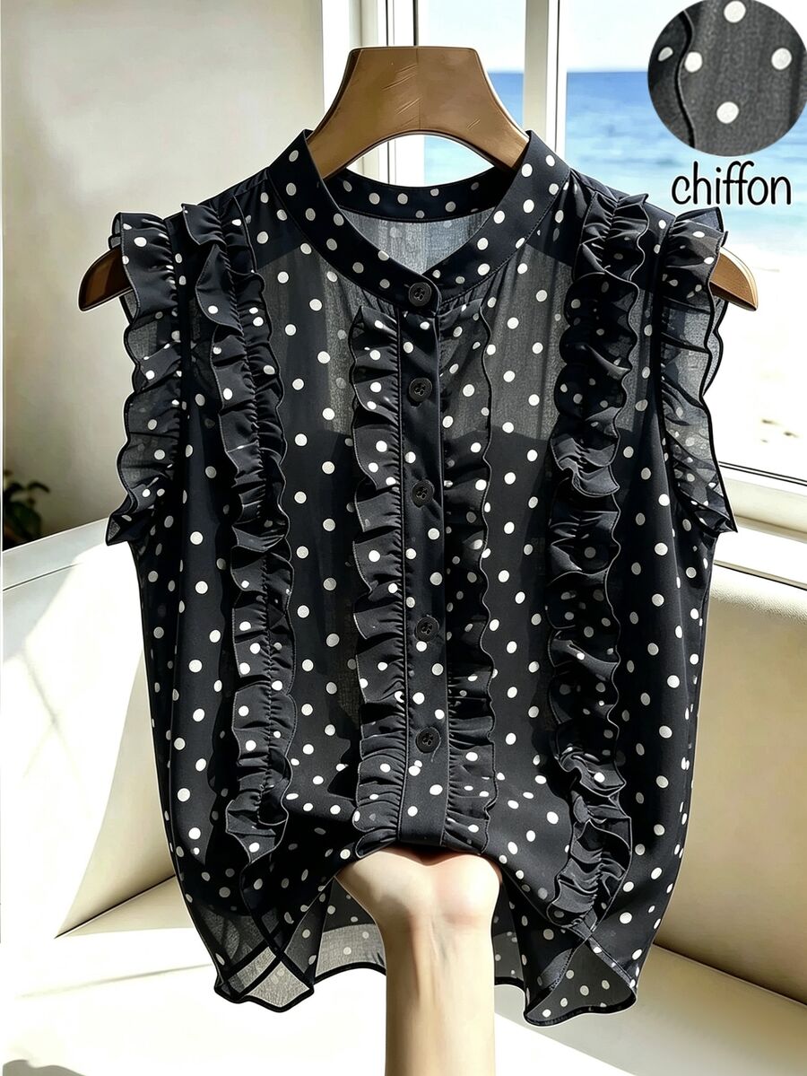 SHEIN 女款波點荷葉邊休閒百搭日常外出襯衫 - 黑色 - 查看 1
