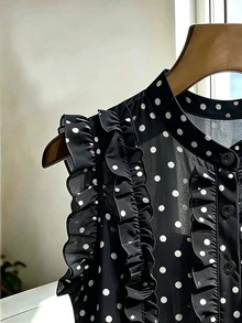 SHEIN Women's Polka Dot Frill Trim Casual Versatile Everyday Outing Blouse - Black - View 4