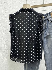 SHEIN Women's Polka Dot Frill Trim Casual Versatile Everyday Outing Blouse - Black - View 2