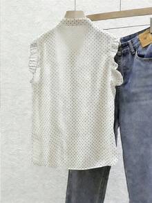 SHEIN 女款黑白波點雪紡襯衫，優雅復古浪漫荷葉邊下擺，適合辦公室夏季穿著 - 白色 - 查看 2