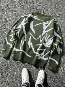 Manfinity Hypemode 男士秋冬休閒街頭風拼色圖案針織衫居家服度假風橄欖綠哥德風 - 墨綠色 - 查看 2