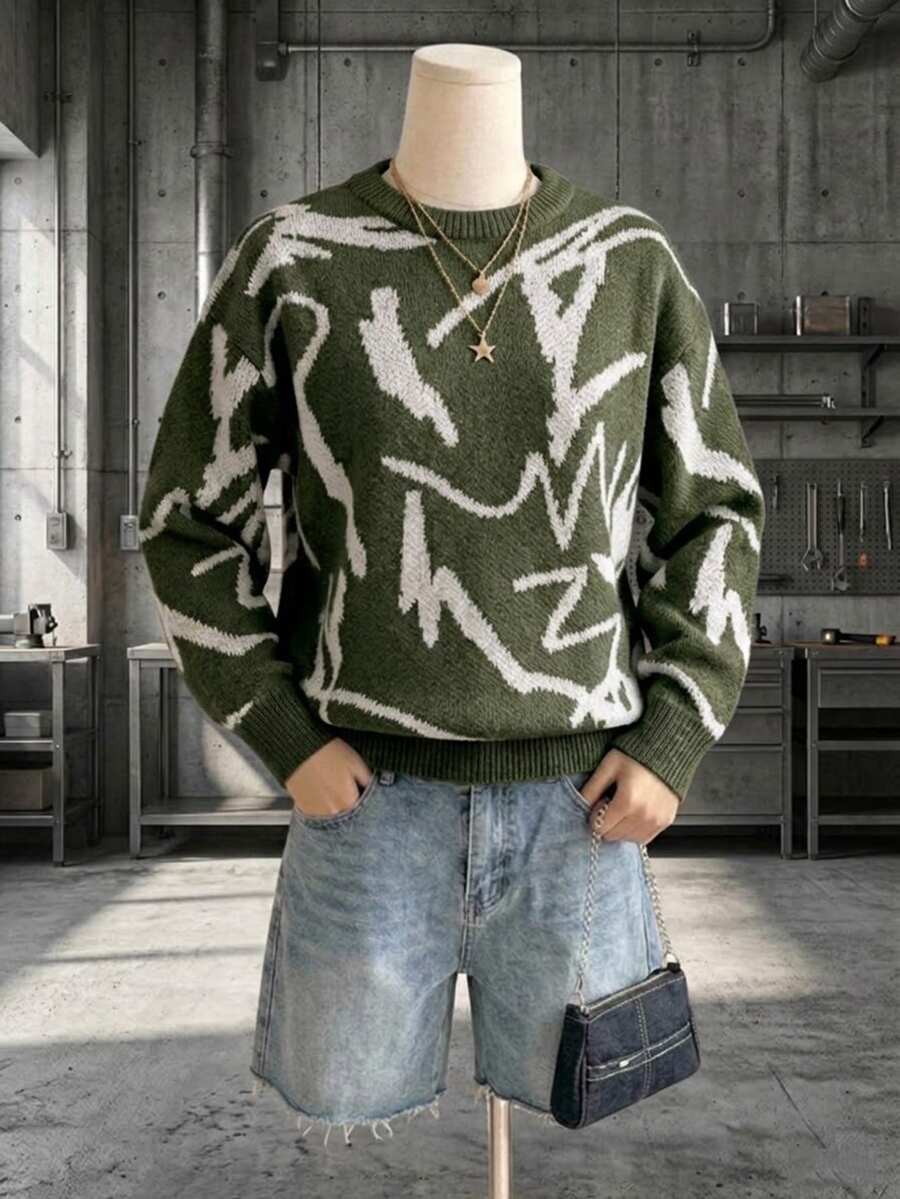Manfinity Hypemode 男士秋冬休閒街頭風拼色圖案針織衫居家服度假風橄欖綠哥德風 - 墨綠色 - 查看 1