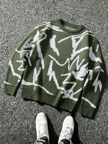 Manfinity Hypemode 男士秋冬休閒街頭風拼色圖案針織衫居家服度假風橄欖綠哥德風 - 墨綠色 - 查看 3