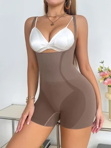 SHEIN 女士纯色吊带背心无缝塑身衣 - 棕色 - 查看 4