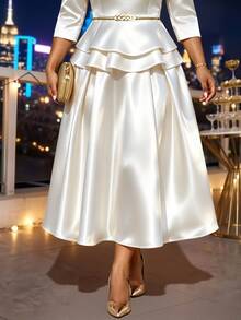 SHEIN Lady 大尺碼優雅派對正式純色裙 婚禮白色夏季 - 白色 - 查看 4