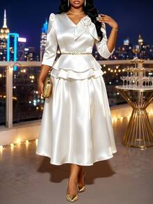 SHEIN Lady 大尺碼優雅派對正式純色裙 婚禮白色夏季 - 白色 - 查看 1