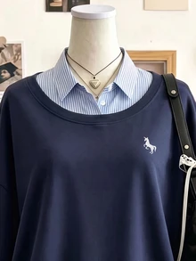 Lalippa 女款秋季休閒條紋拼接運動衫 - 彩色 - 查看 3