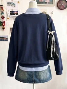 Lalippa 女款秋季休閒條紋拼接運動衫 - 彩色 - 查看 2