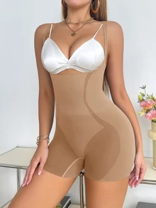 SHEIN 1pc Women Seamless Shapewear Romper - Khaki - View 4
