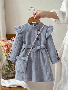 SHEIN Elladie kids Young Girl Solid Color Stand Collar Ruffle Trim Belted Long Sleeve Dress Back-To-School School Autumn - Grey - View 1