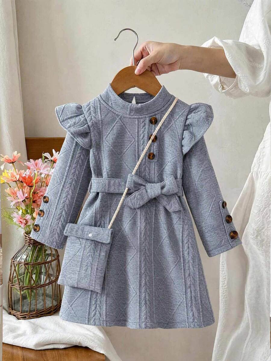 SHEIN Elladie kids Young Girl Solid Color Stand Collar Ruffle Trim Belted Long Sleeve Dress Back-To-School School Autumn - Grey - View 1