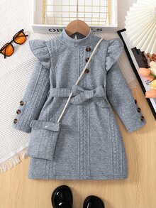 SHEIN Elladie kids Young Girl Solid Color Stand Collar Ruffle Trim Belted Long Sleeve Dress Back-To-School School Autumn - Grey - View 3