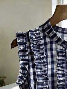 SHEIN Summer Casual Plaid Ruffle Sleeveless Blouse - Navy Blue - View 3
