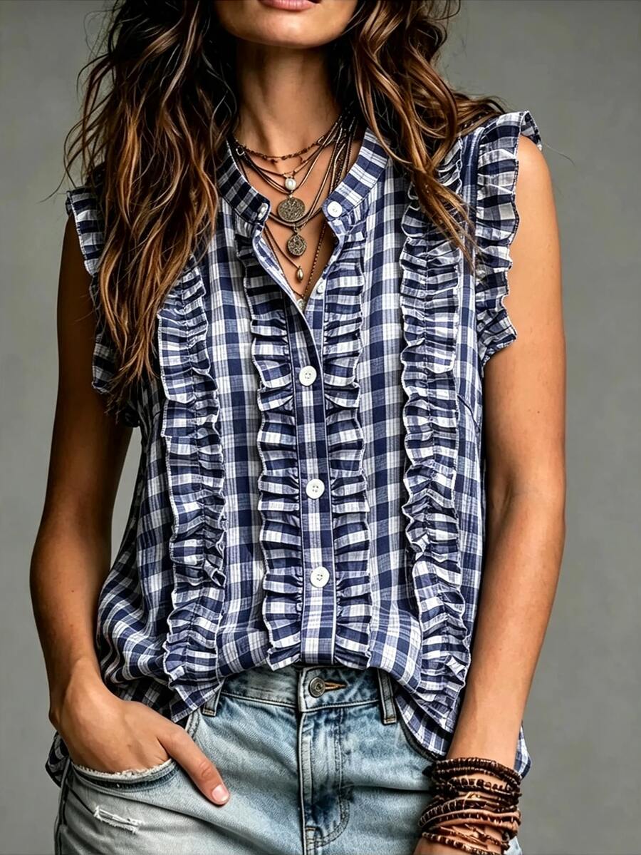 SHEIN Summer Casual Plaid Ruffle Sleeveless Blouse - Navy Blue - View 1