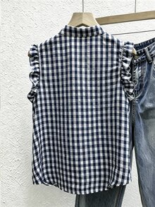SHEIN Summer Casual Plaid Ruffle Sleeveless Blouse - Navy Blue - View 2