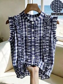 SHEIN Summer Casual Plaid Ruffle Sleeveless Blouse - Navy Blue - View 7