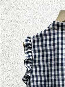 SHEIN Summer Casual Plaid Ruffle Sleeveless Blouse - Navy Blue - View 6