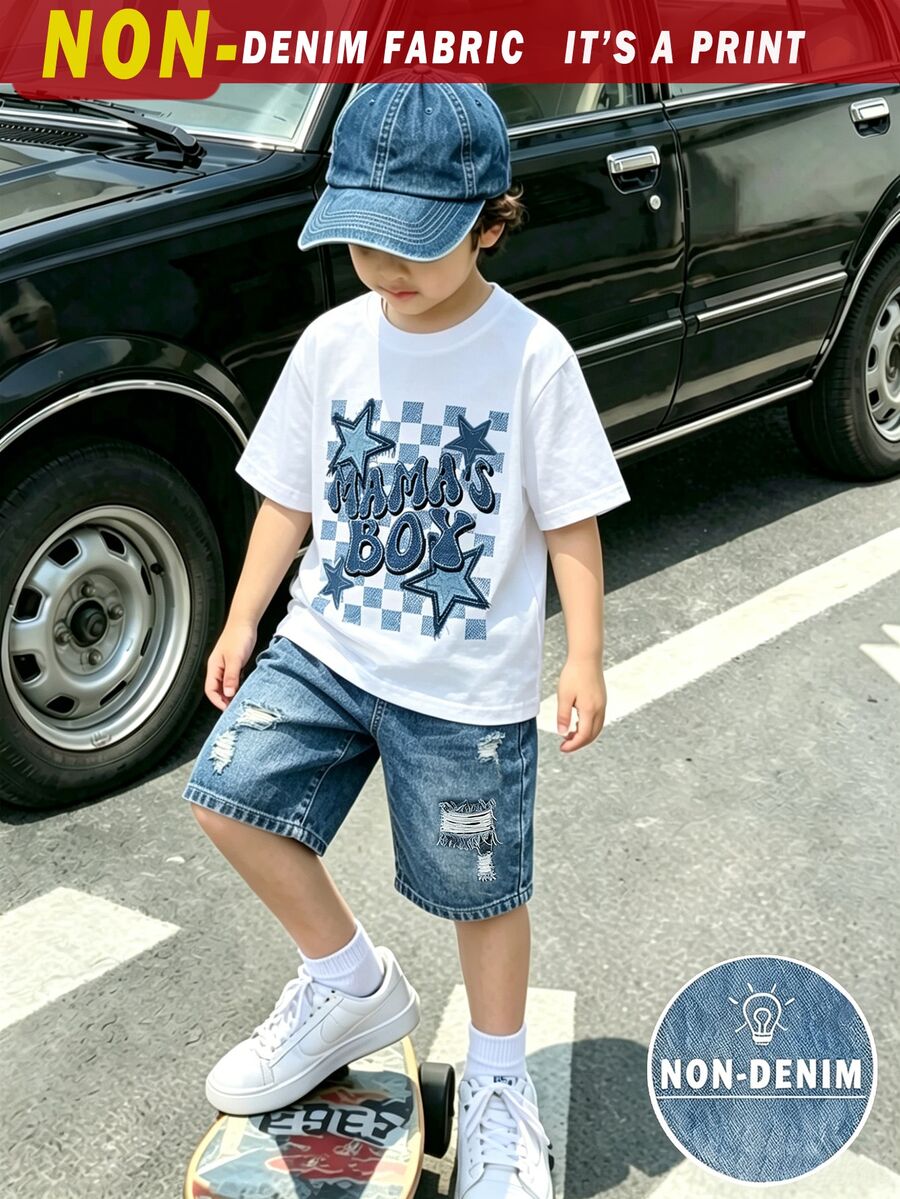 青少年男孩圓領字母印花短袖T恤與短褲休閒日常套裝 - 彩色 - 查看 1