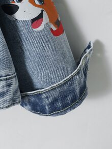 SHEIN 女童牛仔外套，淺藍牛仔色，可愛卡通鴨子、狗、老鼠印花，甜美牛仔外套附口袋，經典翻領鈕扣長袖牛仔上衣，適合日常玩耍、上學、戶外、旅行 - 藍色 - 查看 8