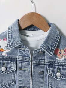 SHEIN 女童牛仔外套，淺藍牛仔色，可愛卡通鴨子、狗、老鼠印花，甜美牛仔外套附口袋，經典翻領鈕扣長袖牛仔上衣，適合日常玩耍、上學、戶外、旅行 - 藍色 - 查看 7