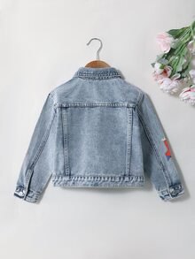 SHEIN 女童牛仔外套，淺藍牛仔色，可愛卡通鴨子、狗、老鼠印花，甜美牛仔外套附口袋，經典翻領鈕扣長袖牛仔上衣，適合日常玩耍、上學、戶外、旅行 - 藍色 - 查看 3