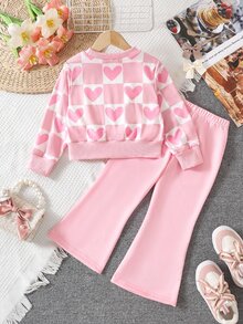 Elladie kids 幼童女童愛心棋盤格印花短版長袖衛衣與愛心裝飾喇叭褲 2件組休閒套裝，適合日常穿著與上學穿搭 - 粉色 - 查看 2