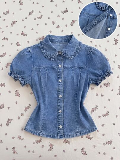 Elamini Frill Trim Elastic Single-Breasted Short Petal Sleeve Denim Top Everyday School Aqua Blue Summer Casual Cute