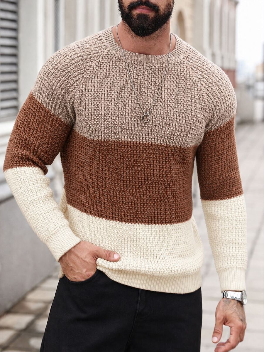 Manfinity Homme Suéter casual de cuello redondo con mangas raglán y color contrastante para hombre - Albaricoque - Ver 1