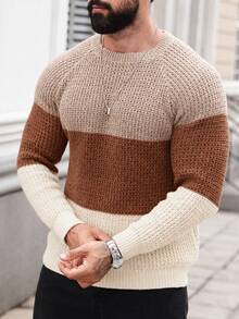 Manfinity Homme Suéter casual de cuello redondo con mangas raglán y color contrastante para hombre - Albaricoque - Ver 3