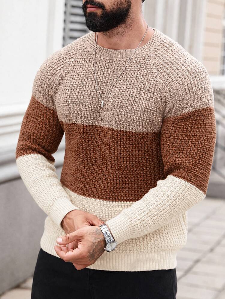 Manfinity CasualKnits Men's Contrast Color Round Neck Raglan Sleeve Casual Sweater - Apricot - View 3
