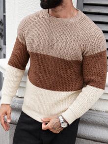 Manfinity Homme Suéter casual de cuello redondo con mangas raglán y color contrastante para hombre - Albaricoque - Ver 6