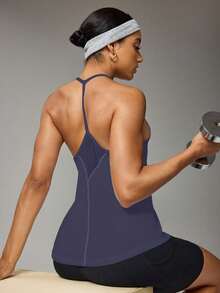 SHEIN Sports 女式纯色日常健身挂脖背心 - 藍色 - 查看 1