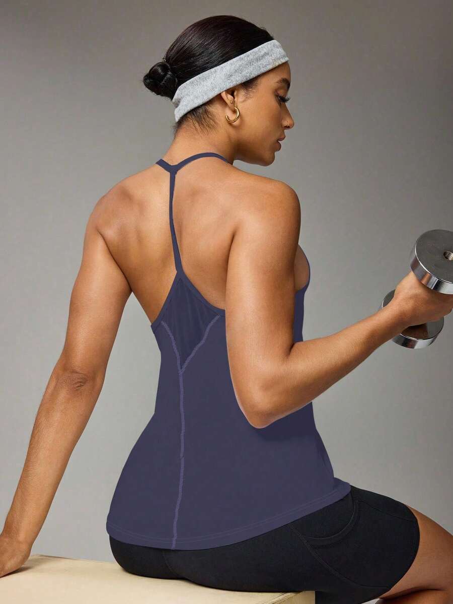 SHEIN Sports 女式纯色日常健身挂脖背心 - 藍色 - 查看 1