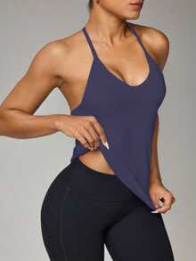 SHEIN Sports 女式纯色日常健身挂脖背心 - 藍色 - 查看 4