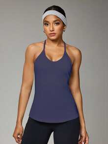 SHEIN Sports 女式纯色日常健身挂脖背心 - 藍色 - 查看 3