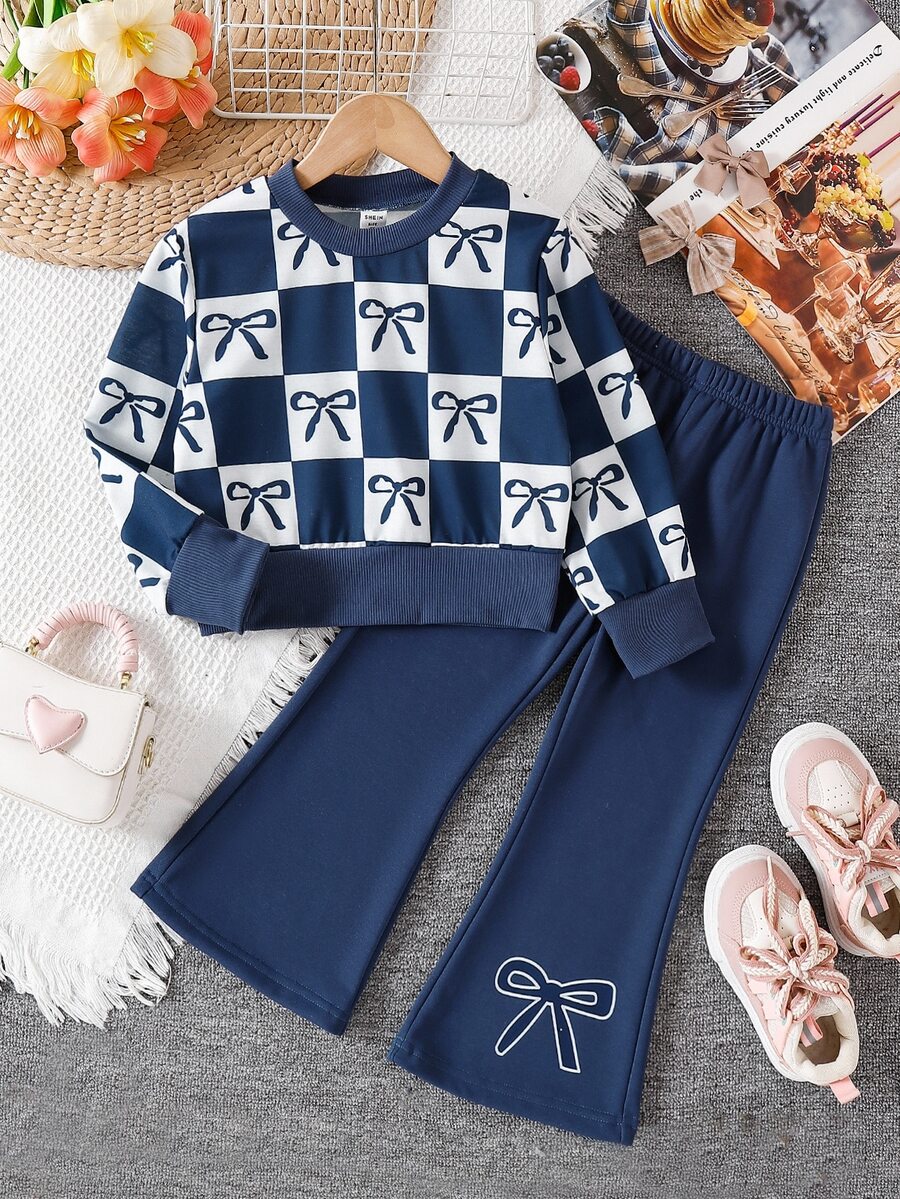 Toddler Girls Navy Blue Bowknot Checkerboard Print Sweatshirt And Flare Pants Set Kids Spring Autumn Plaid Pullover Bell Bottoms 2pcs Outfits - Royal Blue - View 1