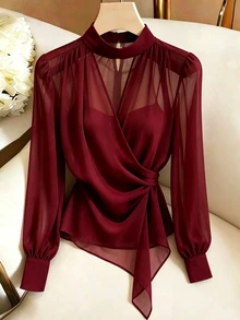 SHEIN Raffinéa 優雅立領雪紡前綁帶女式襯衫，適合通勤與約會 - 紅色 - 查看 6