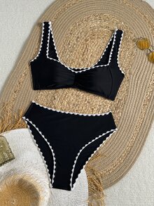Swim Basics 女士夏季沙滩纯色贝壳边饰粗肩带前褶皱镂空露背比基尼上衣和短裤休闲度假泳装套装 - 黑色 - 查看 5