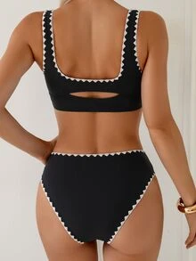 Swim Basics 女士夏季沙滩纯色贝壳边饰粗肩带前褶皱镂空露背比基尼上衣和短裤休闲度假泳装套装 - 黑色 - 查看 7