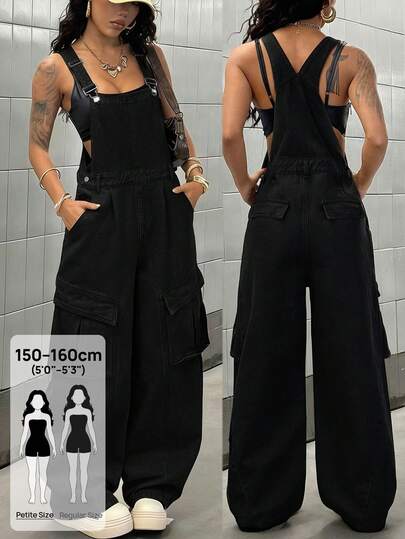 SHEIN PETITE Jumpsuit Denim Wanita Gaya Kasual Musim Panas Y2K yang Lucu, Elegan, Kaki Lebar, Banyak Saku, Hitam, Cocok untuk Bepergian, Elastis, Menawan, Modis, dan Sehari-hari