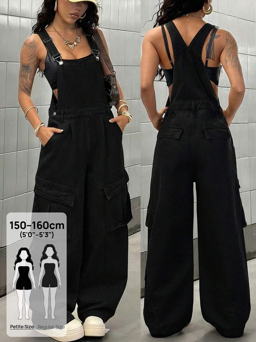 SHEIN PETITE 夏季 Y2K 休閒趣味優雅寬腿多口袋黑色牛仔連身褲，彈性修身顯身材，適合外出旅行、時尚日常穿著，女款 - 黑色 - 查看 1