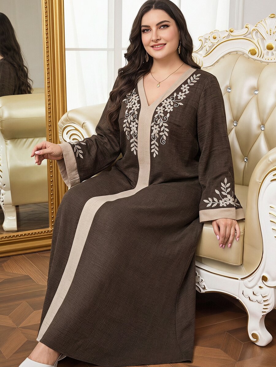 Al Najma Plus Size Women's V-Neck Floral Embroidery Pattern Casual Party Arabic Dress