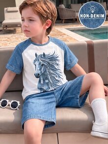 Boys' Fashion Horse Pattern Print Casual Round Neck Short Sleeve T-Shirt And Shorts, Simple, Versatile, Suitable For Daily Wear,School Clothes - Multicolor - View 3