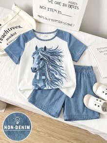Boys' Fashion Horse Pattern Print Casual Round Neck Short Sleeve T-Shirt And Shorts, Simple, Versatile, Suitable For Daily Wear,School Clothes - Multicolor - View 1
