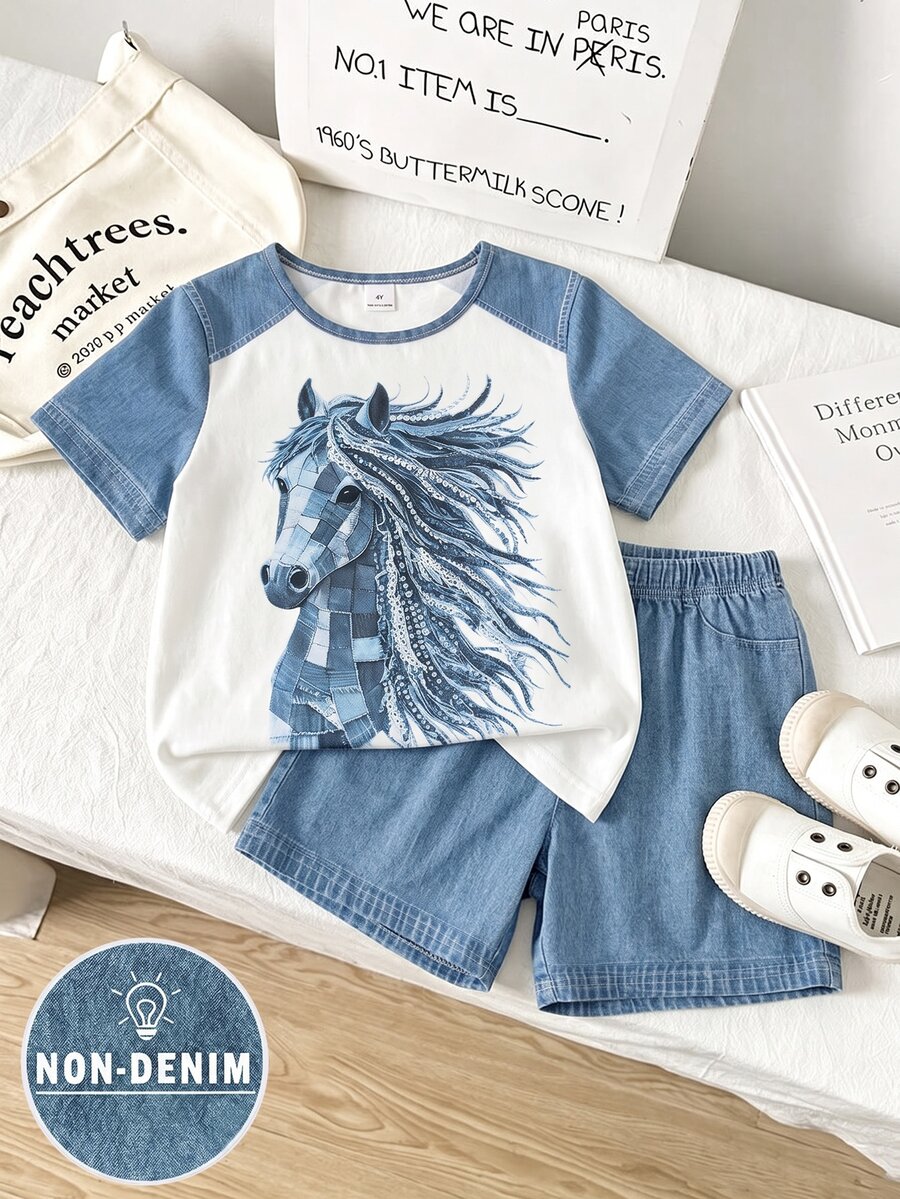 Boys' Fashion Horse Pattern Print Casual Round Neck Short Sleeve T-Shirt And Shorts, Simple, Versatile, Suitable For Daily Wear,School Clothes - Multicolor - View 1