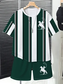 1套夏季時尚新款短袖上衣與短褲套裝，綠白條紋配白色奔馬圖案，視覺衝擊力強，清爽純真風格，瞬間變身陽光小帥哥，拍照首選 - 彩色 - 查看 9